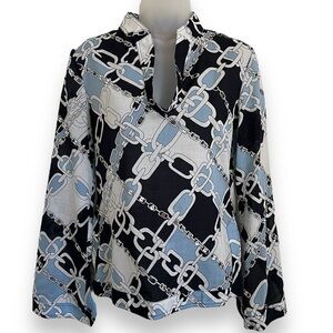 TORY BURCH Top Blue White Cotton Paperclip Chain Link Print Sequin Accent Size 2